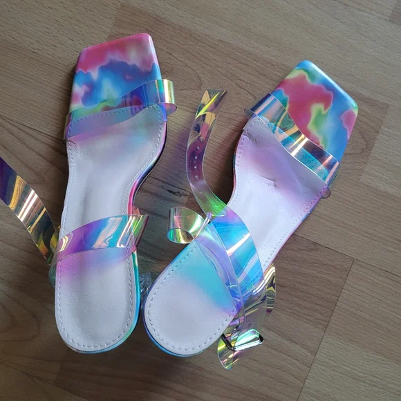 Iridescent Block Heel Sandals Transparent Laser Evening Party - Picture 7 of 9